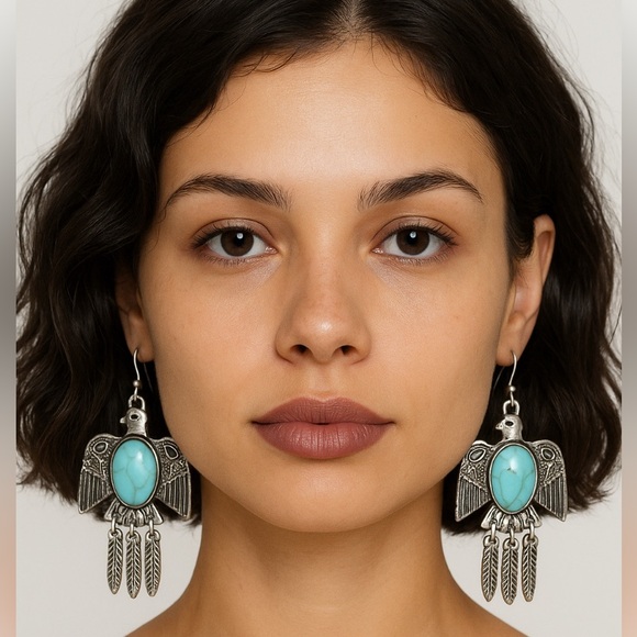 Jewelry - Turquoise Stone Feather Silver Bird Earrings